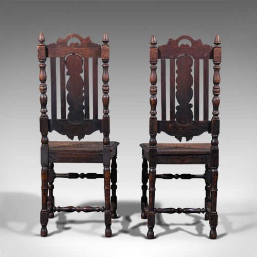 fig 4. Antique Carved Hall Chairs, Pair of, Scottish, Oak, Decorative, Side Seat, Victorian