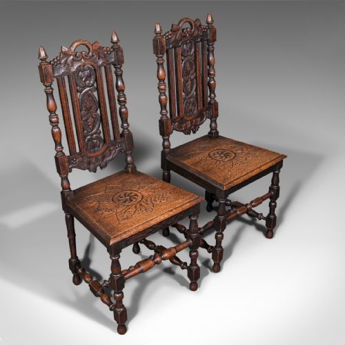 fig 5. Antique Carved Hall Chairs, Pair of, Scottish, Oak, Decorative, Side Seat, Victorian