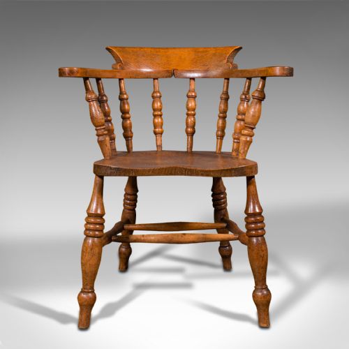 fig 1. Antique Elbow Chair, English, Beech, Elm, Smoker's Bow, Captain, Victorian, 1900