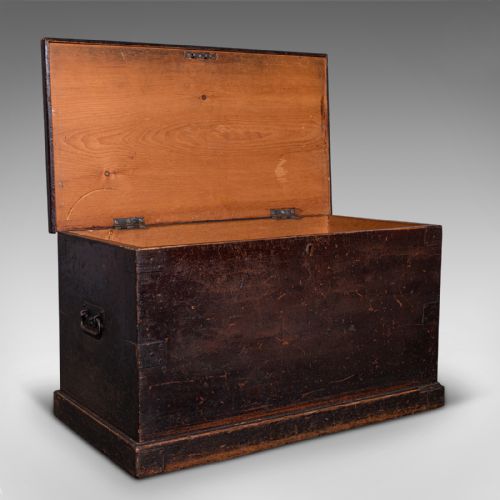 fig 1. Large Antique Shipping Trunk, English, Pine, Travel, Tool Chest, Victorian, 1880