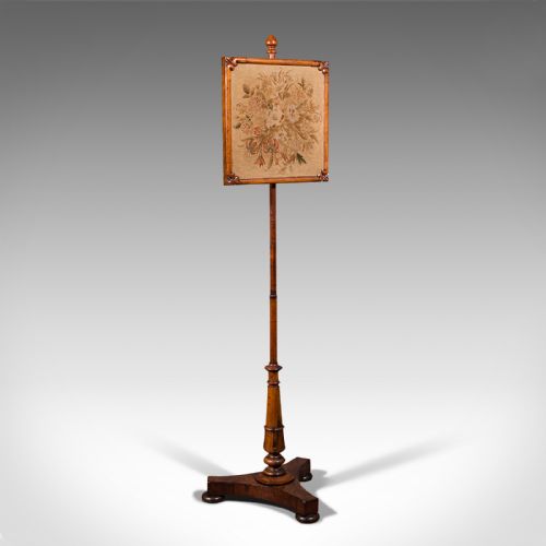 Antique Adjustable Pole Screen, English, Fireside Panel, Tapestry, Regency, 1820
