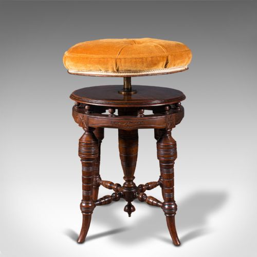 fig 1. Antique Music Stool, English, Walnut, Adjustable, Piano, Recital, Victorian