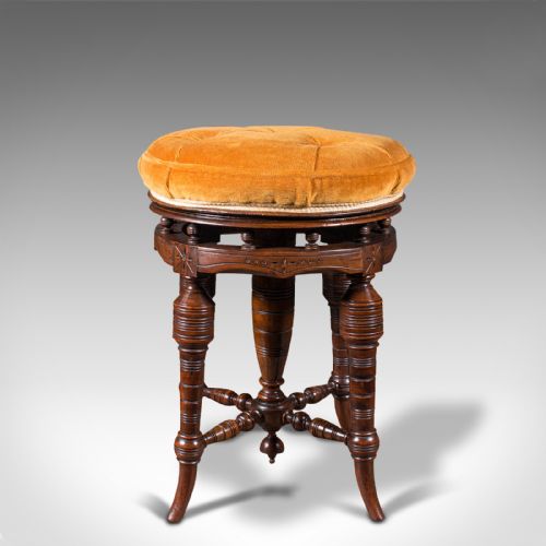 fig 3. Antique Music Stool, English, Walnut, Adjustable, Piano, Recital, Victorian