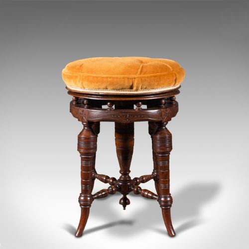 fig 4. Antique Music Stool, English, Walnut, Adjustable, Piano, Recital, Victorian