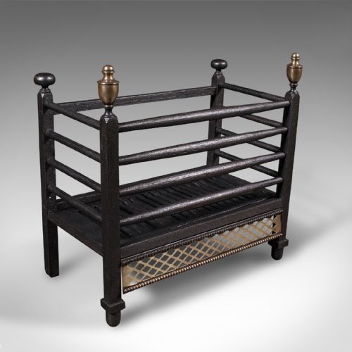 Antique Fire Basket, English, Cast Iron, Brass, Fireplace, Grate, Victorian