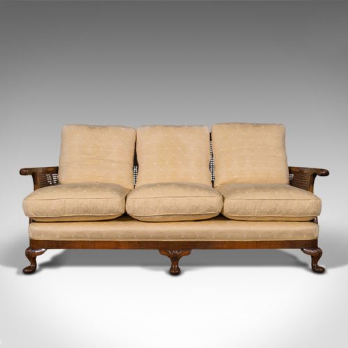 fig 1. Antique Bergere Sofa, English, Walnut, Cane, 3 Seat, Settee, Art Deco, Edwardian