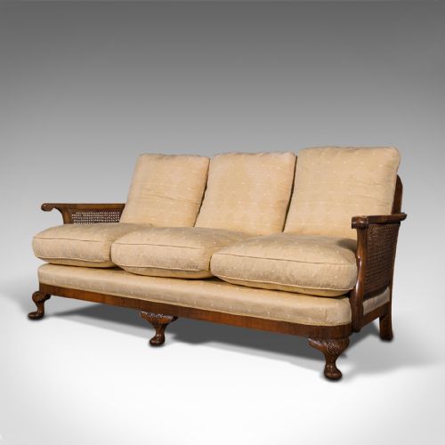fig 2. Antique Bergere Sofa, English, Walnut, Cane, 3 Seat, Settee, Art Deco, Edwardian