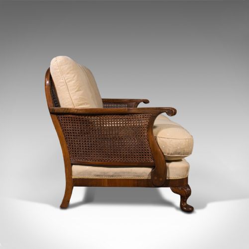 fig 3. Antique Bergere Sofa, English, Walnut, Cane, 3 Seat, Settee, Art Deco, Edwardian
