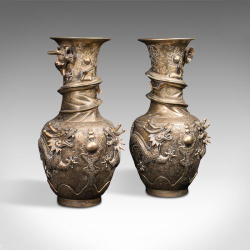 Pair of Tall Antique Dragon Vases, Chinese, Brass, Decorative, Oriental Taste