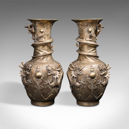 fig 1. Pair Of Tall Antique Dragon Vases, Chinese, Brass, Decorative, Oriental Taste