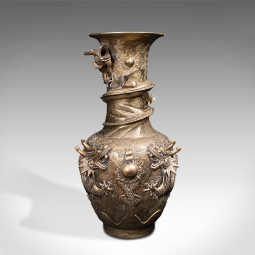 fig 2. Pair Of Tall Antique Dragon Vases, Chinese, Brass, Decorative, Oriental Taste