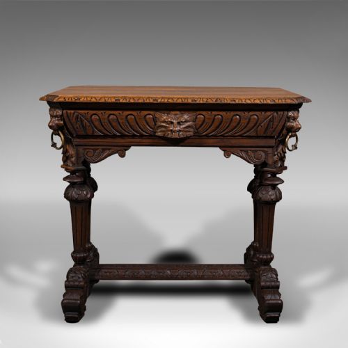 fig 1. Antique Gothic Side Table, Scottish, Oak, Correspondence Desk, Victorian, C.1880