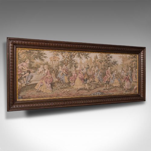 Antique 6' Wide Panorama Tapestry, French, Needlepoint, Wall, Framed, Edwardian