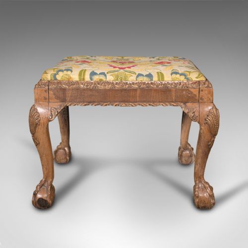fig 1. Antique Carved Stool, English, Walnut, Hall, Dressing, Foot Rest, Georgian, 1750