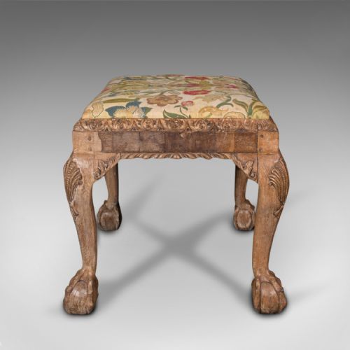 fig 2. Antique Carved Stool, English, Walnut, Hall, Dressing, Foot Rest, Georgian, 1750