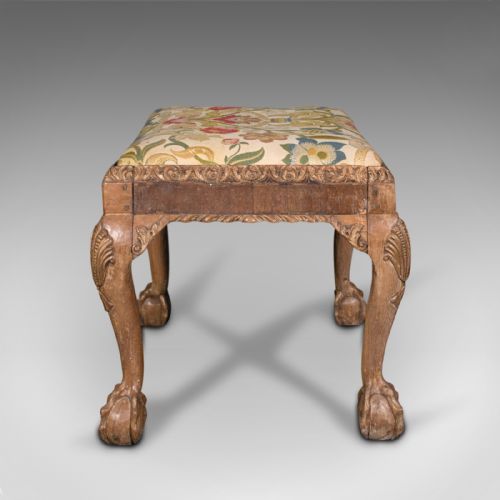 fig 3. Antique Carved Stool, English, Walnut, Hall, Dressing, Foot Rest, Georgian, 1750