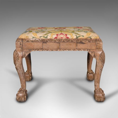 fig 4. Antique Carved Stool, English, Walnut, Hall, Dressing, Foot Rest, Georgian, 1750