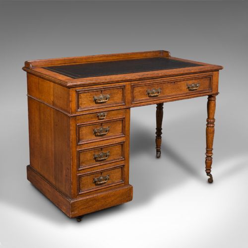Antique Pedestal Desk, English, Oak, Leather, Victorian, C.1880