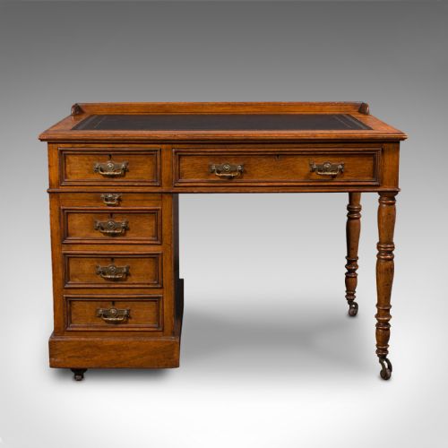 fig 1. Antique Pedestal Desk, English, Oak, Leather, Victorian, C.1880