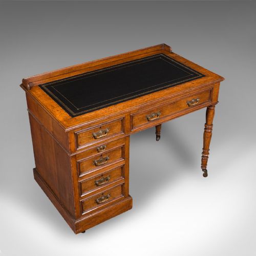 fig 5. Antique Pedestal Desk, English, Oak, Leather, Victorian, C.1880