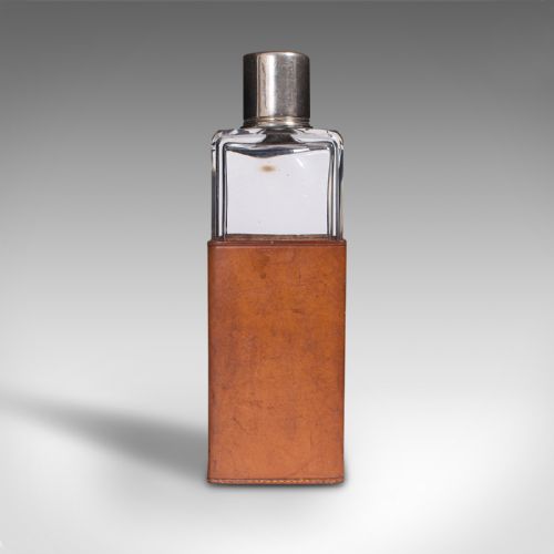 fig 1. Antique Desk Flask, English, Glass, Leather, Drinking Bottle, Edwardian, Travel