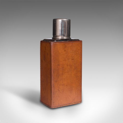 fig 2. Antique Desk Flask, English, Glass, Leather, Drinking Bottle, Edwardian, Travel