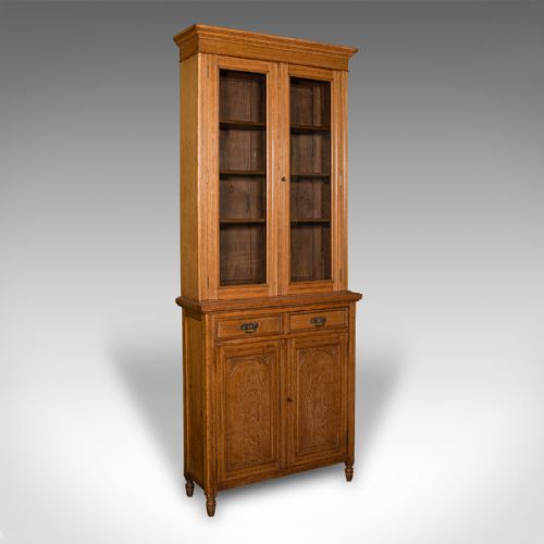 Antique Glazed Bookcase, English, Oak, Display, Hall Cabinet, Victorian, C.1900