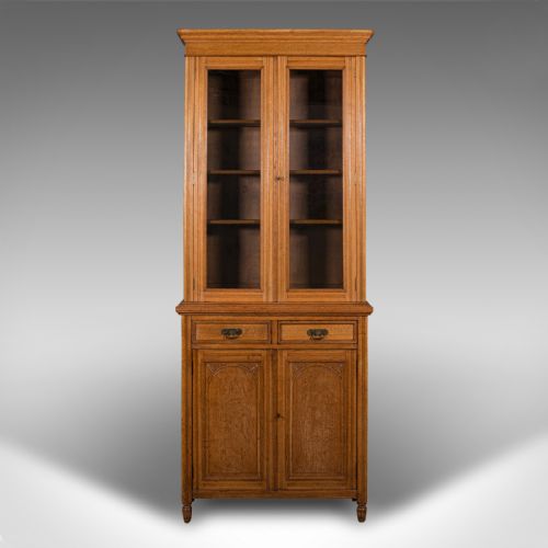 fig 1. Antique Glazed Bookcase, English, Oak, Display, Hall Cabinet, Victorian, C.1900