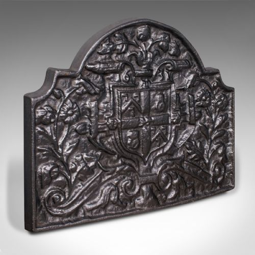 Antique Decorative Fireback, English, Cast Iron, Fireplace, Heraldic, Victorian