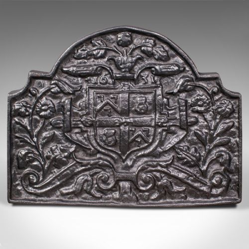 fig 1. Antique Decorative Fireback, English, Cast Iron, Fireplace, Heraldic, Victorian