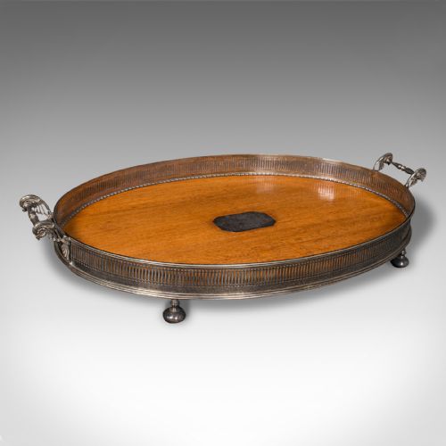 Antique Oval Serving Tray, English, Oak, Silver Plate, Tea Platter, Edwardian