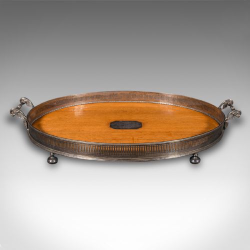 fig 1. Antique Oval Serving Tray, English, Oak, Silver Plate, Tea Platter, Edwardian