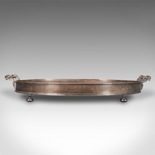 fig 2. Antique Oval Serving Tray, English, Oak, Silver Plate, Tea Platter, Edwardian