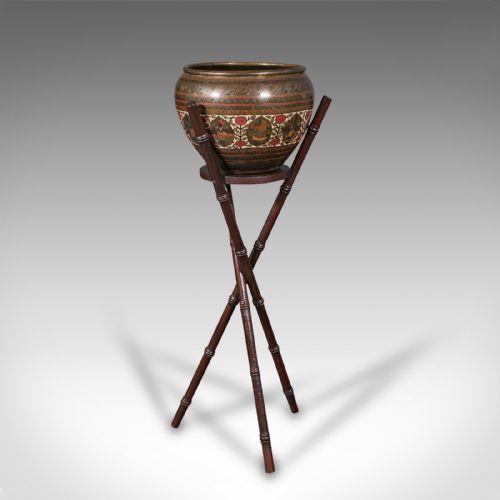 Antique Hand Etched Planter Stand, Colonial Indian, Brass Jardiniere, Victorian