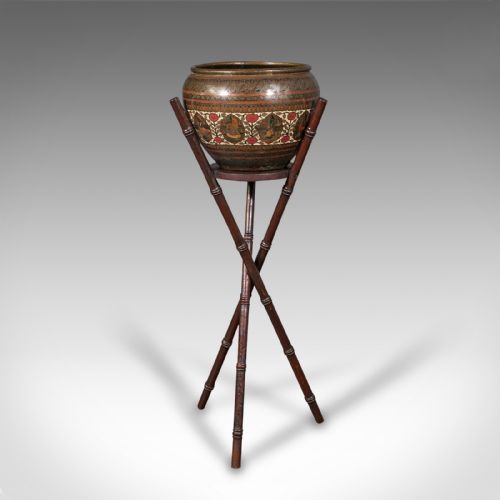 fig 1. Antique Hand Etched Planter Stand, Colonial Indian, Brass Jardiniere, Victorian