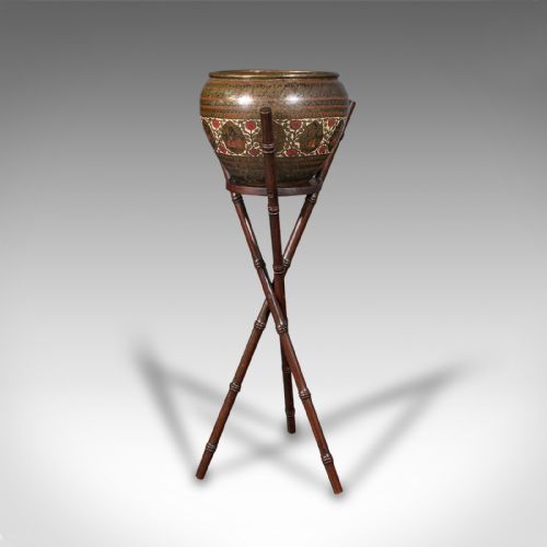 fig 2. Antique Hand Etched Planter Stand, Colonial Indian, Brass Jardiniere, Victorian