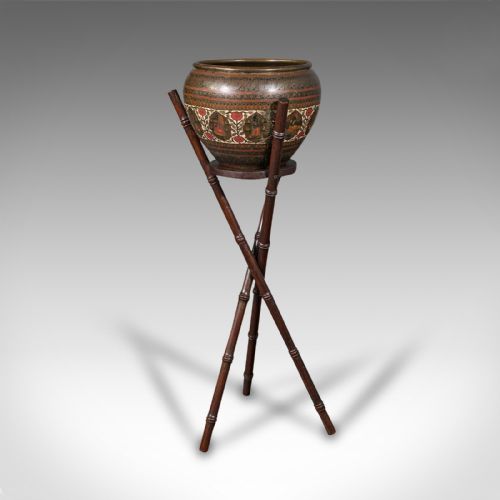 fig 3. Antique Hand Etched Planter Stand, Colonial Indian, Brass Jardiniere, Victorian