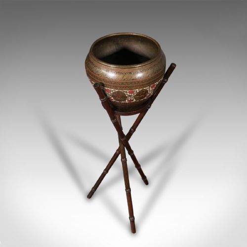 fig 4. Antique Hand Etched Planter Stand, Colonial Indian, Brass Jardiniere, Victorian