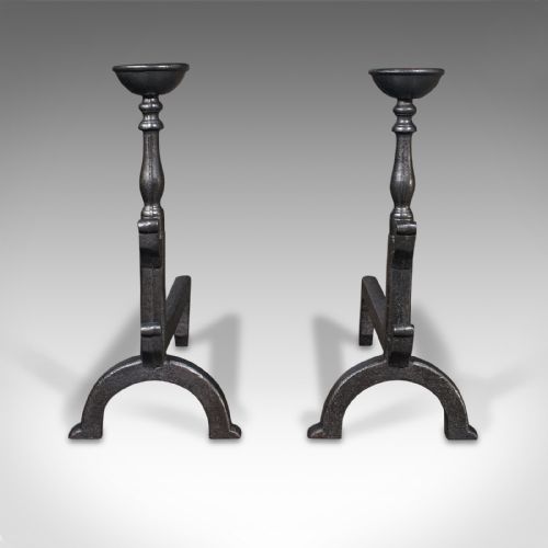 fig 1. Pair, Large Antique Fire Dogs, English, Cast Iron, Fireplace Andiron, Victorian