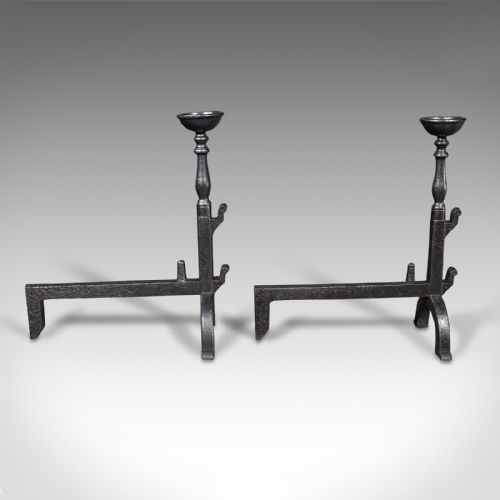 fig 3. Pair, Large Antique Fire Dogs, English, Cast Iron, Fireplace Andiron, Victorian