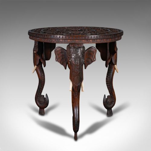 fig 1. Antique Carved Circular Table, Indian, Teak, Colonial, Campaign, Victorian, 1900