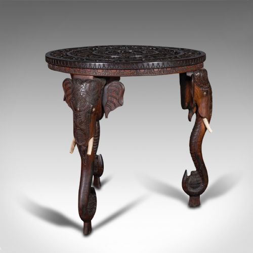 fig 2. Antique Carved Circular Table, Indian, Teak, Colonial, Campaign, Victorian, 1900