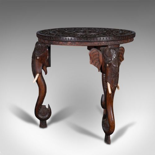 fig 3. Antique Carved Circular Table, Indian, Teak, Colonial, Campaign, Victorian, 1900