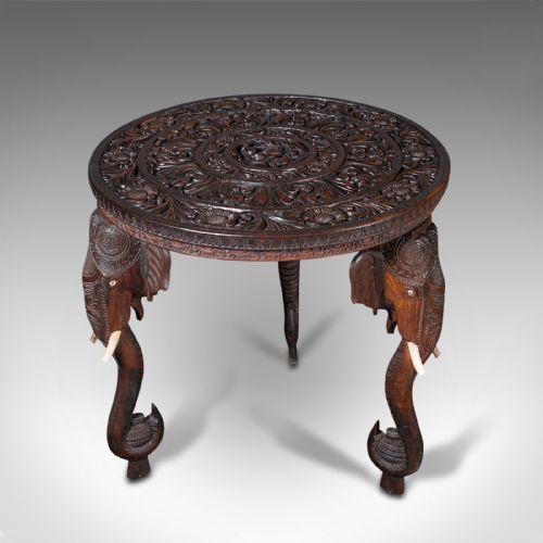 fig 4. Antique Carved Circular Table, Indian, Teak, Colonial, Campaign, Victorian, 1900