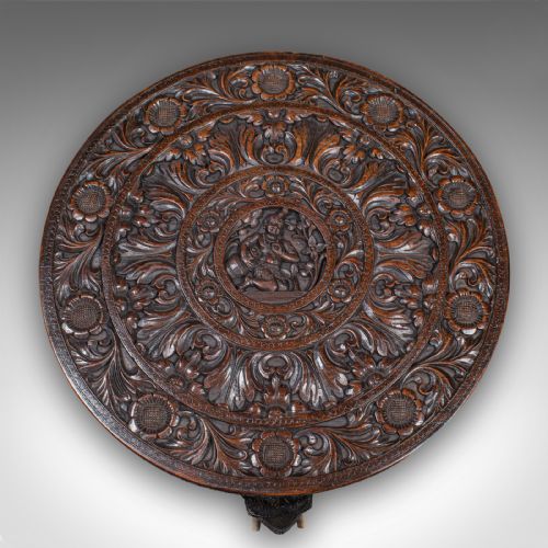 fig 5. Antique Carved Circular Table, Indian, Teak, Colonial, Campaign, Victorian, 1900
