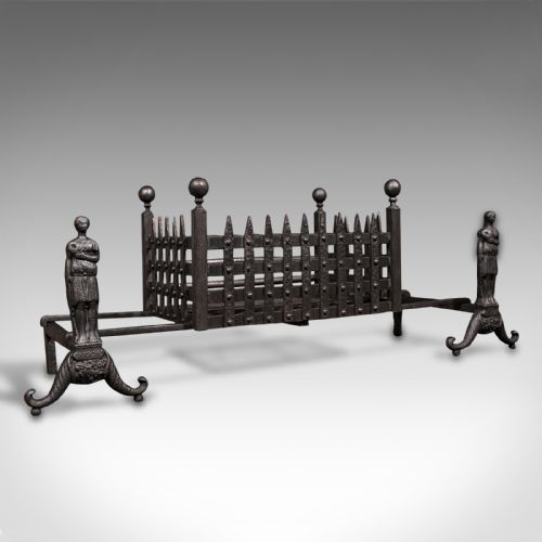 Antique Decorative Fire Basket, English, Iron, Fireplace, Andirons, Victorian