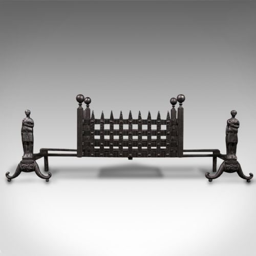 fig 1. Antique Decorative Fire Basket, English, Iron, Fireplace, Andirons, Victorian