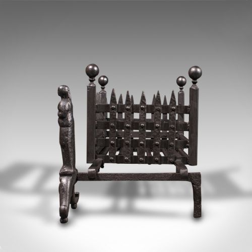 fig 2. Antique Decorative Fire Basket, English, Iron, Fireplace, Andirons, Victorian