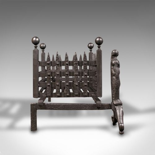 fig 3. Antique Decorative Fire Basket, English, Iron, Fireplace, Andirons, Victorian
