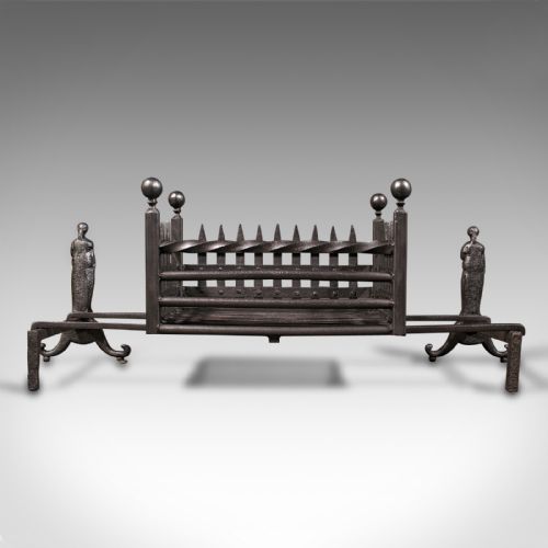 fig 4. Antique Decorative Fire Basket, English, Iron, Fireplace, Andirons, Victorian